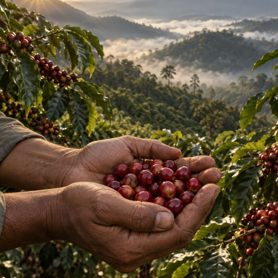 Hands holding ripe coffee cherries among coffee plants on a mountain farm