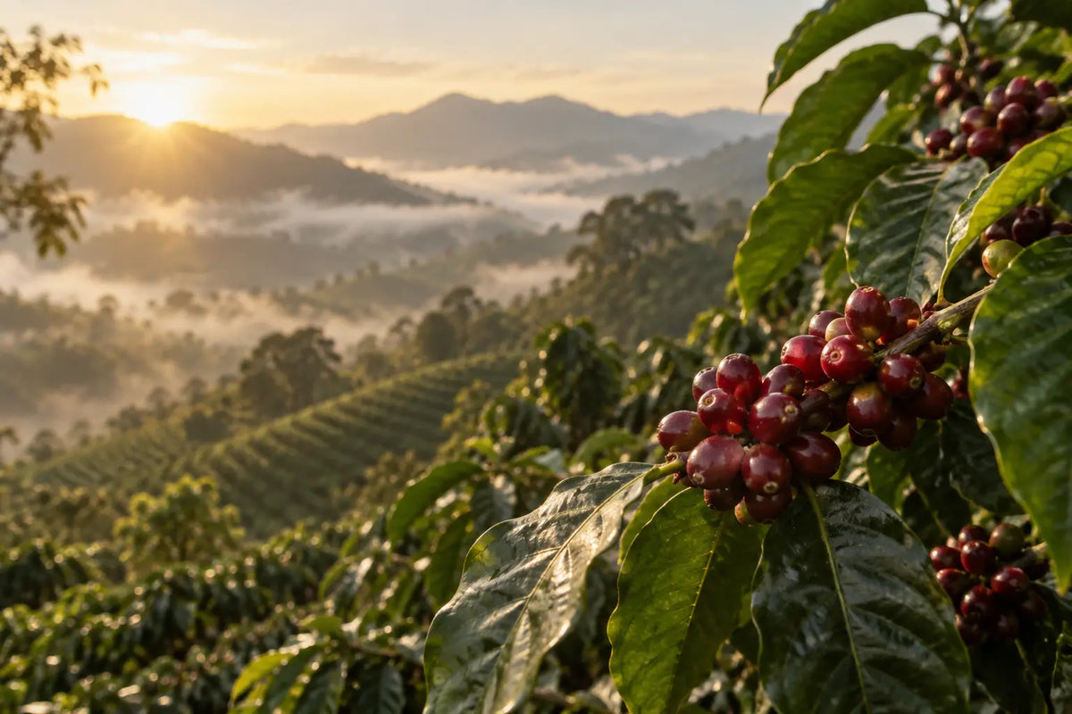 Ripe red coffee cherries on a branch above a misty mountain coffee farm