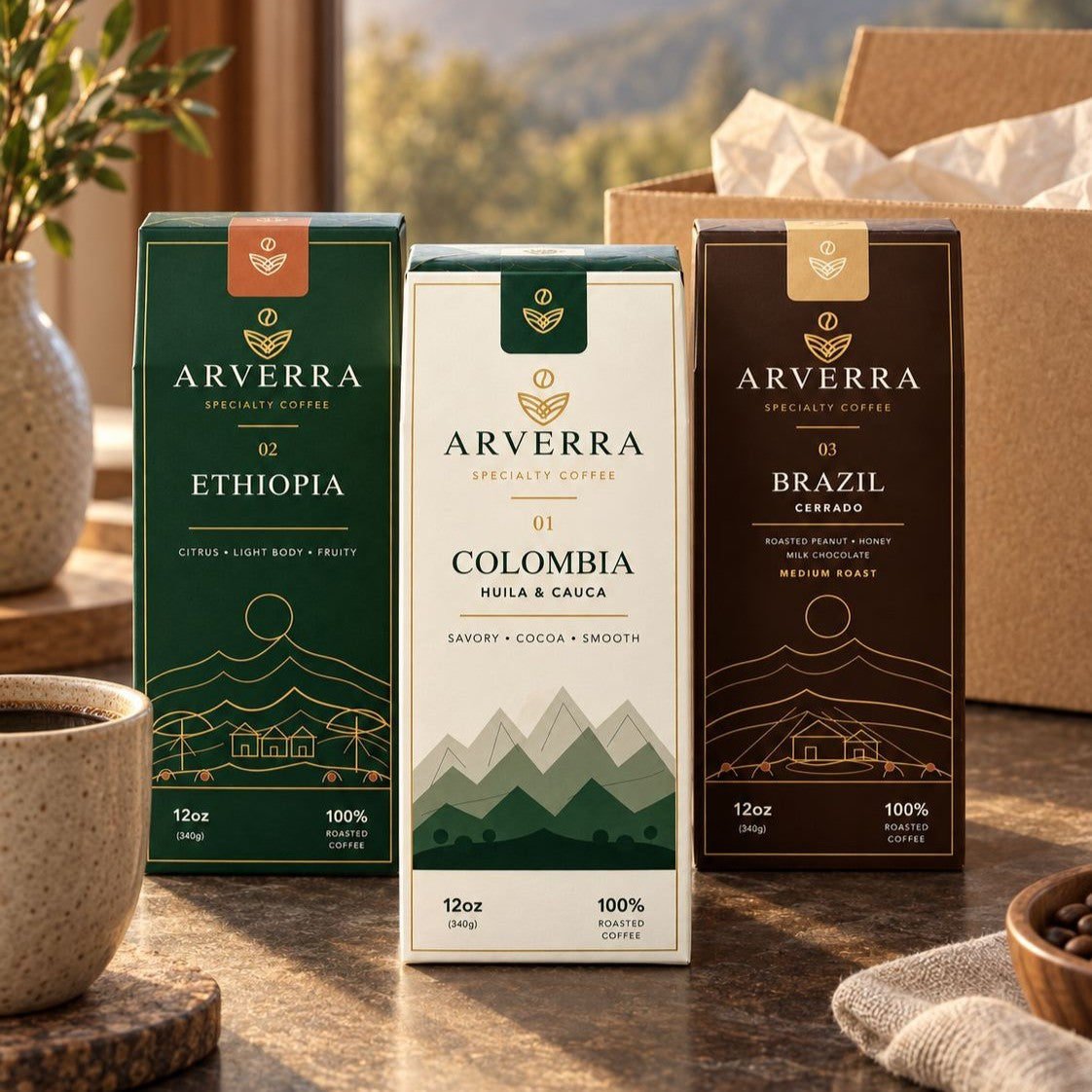 ARVERRA Ethiopia, Colombia and Brazil coffees beside a cup and an open delivery box