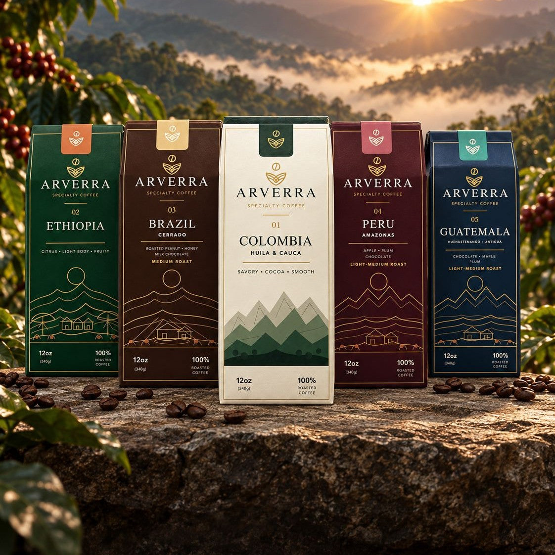 ARVERRA single-origin coffees from Ethiopia, Brazil, Colombia, Peru and Guatemala against a mountain landscape