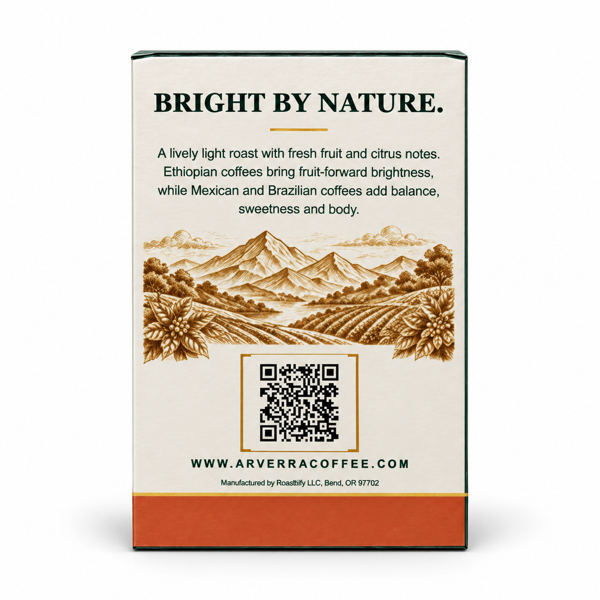 ARVERRA BRIGHT light roast coffee pods back of the box with landscape artwork and QR code