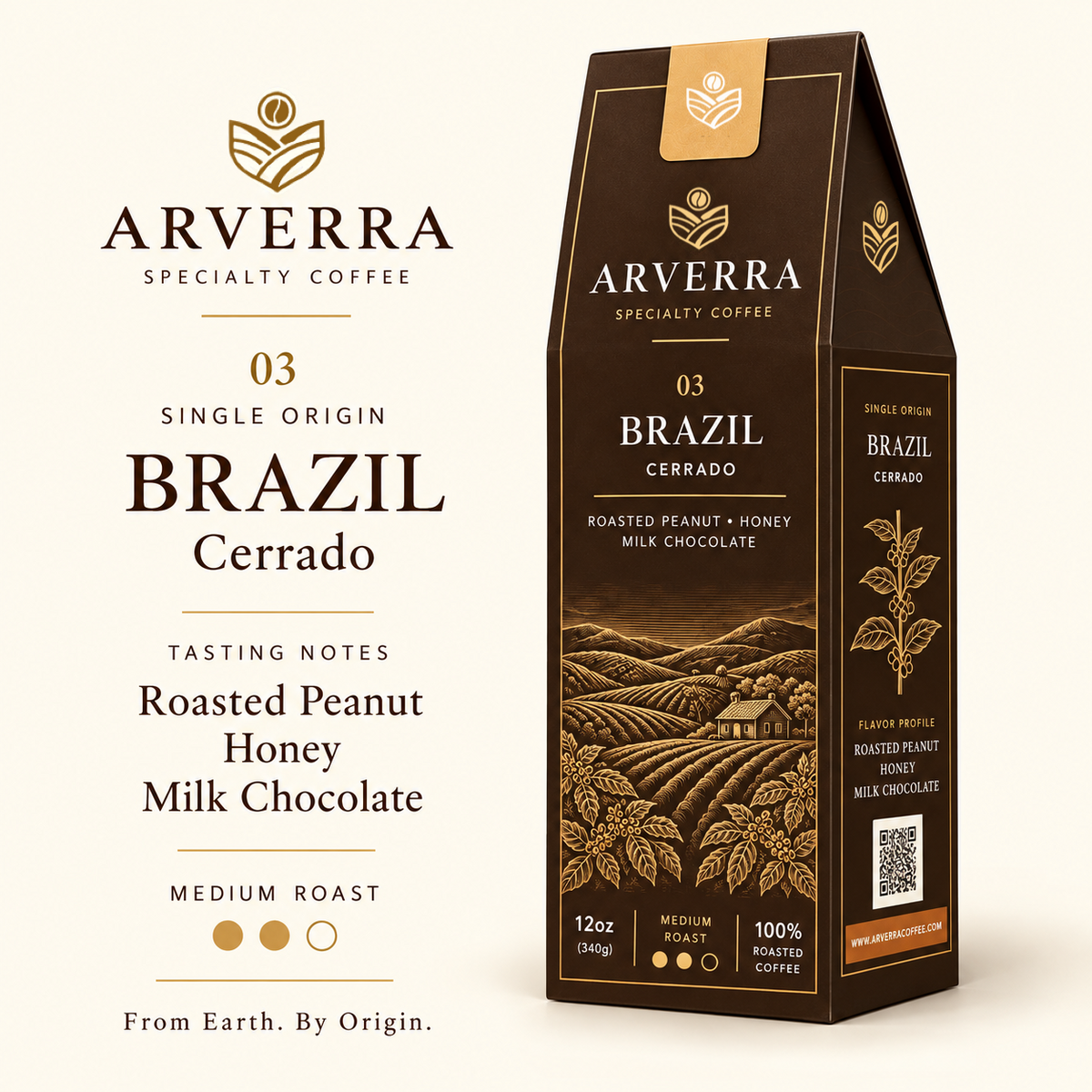 ARVERRA Origin 03 Brazil Cerrado coffee packaging and tasting notes of roasted peanut, honey and milk chocolate