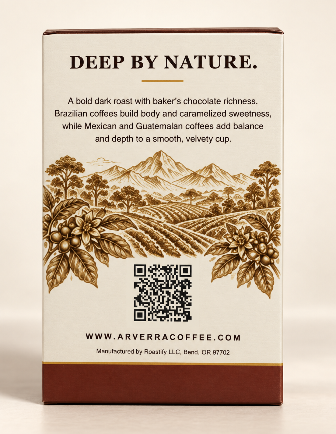 ARVERRA BOLD dark roast coffee pods back of the box with landscape artwork and QR code