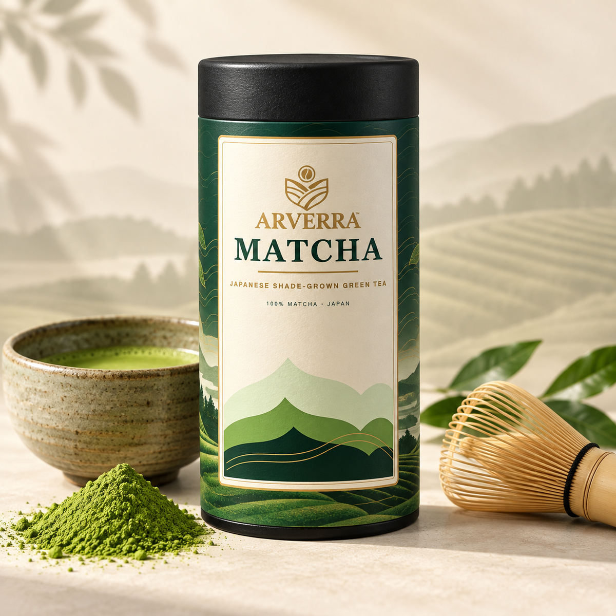 ARVERRA ceremonial Japanese matcha tin with matcha powder, bowl and bamboo whisk