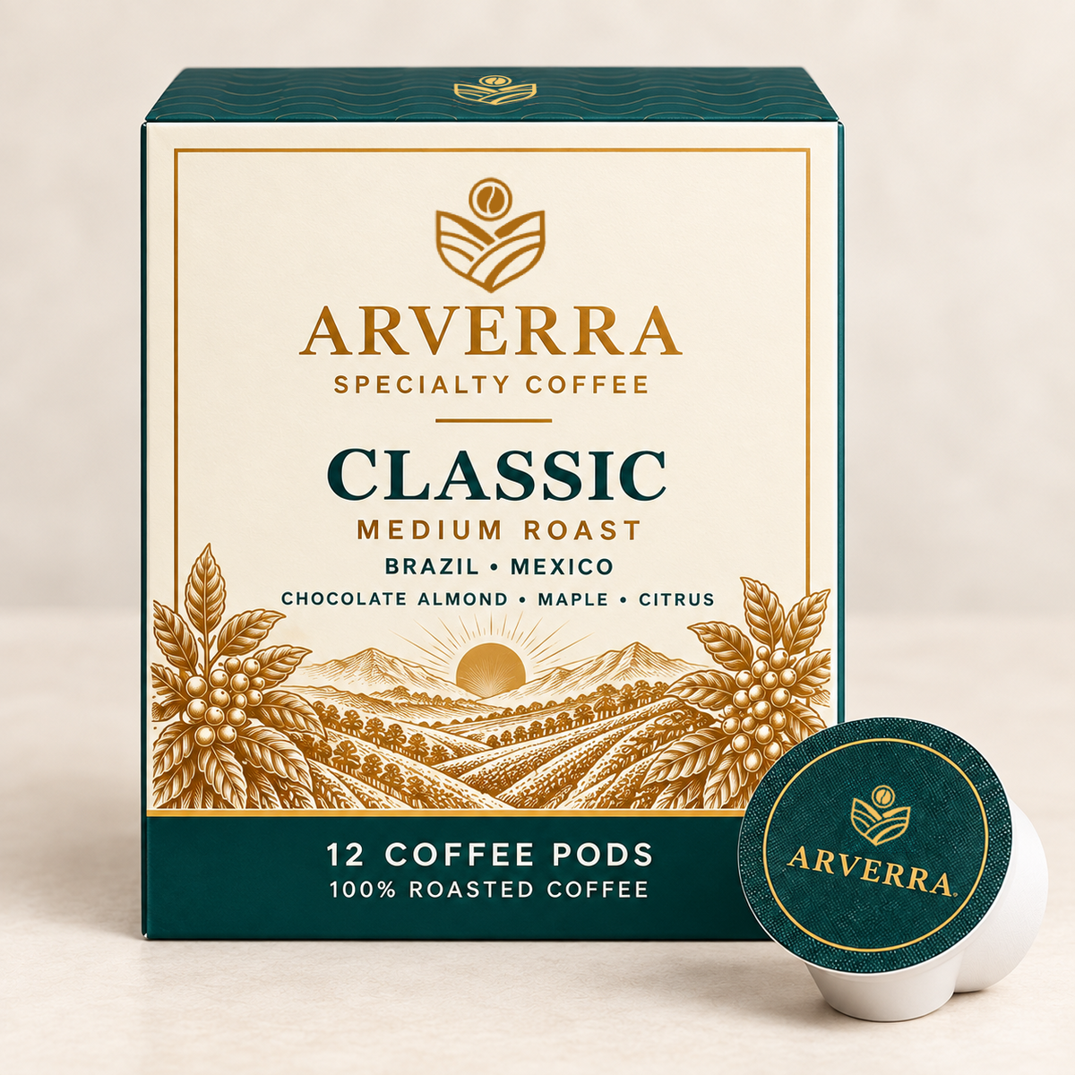 ARVERRA CLASSIC medium roast coffee pods close-up of the box and branded pod lid