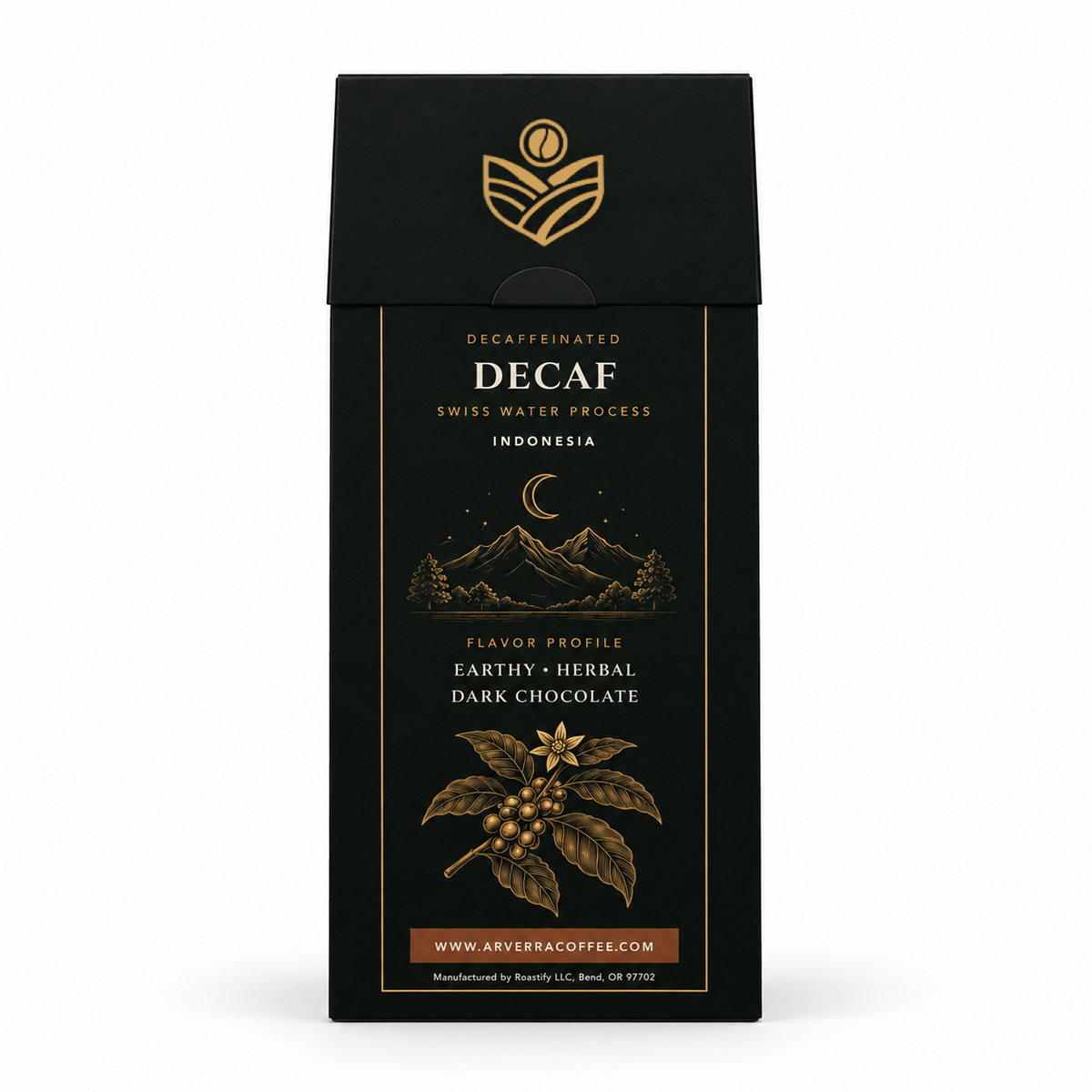ARVERRA Swiss Water Decaf coffee back of the coffee box