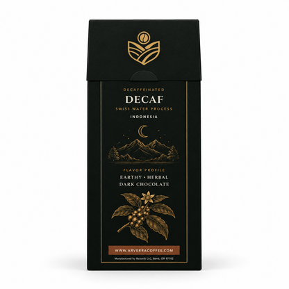 ARVERRA Swiss Water Decaf coffee back of the coffee box