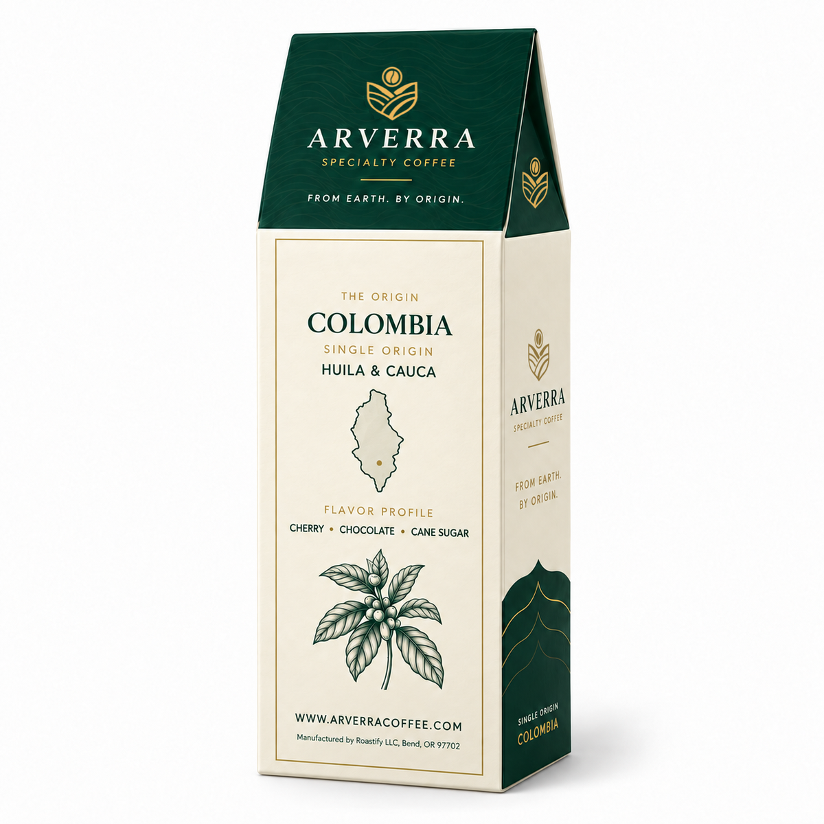 ARVERRA Origin 01 Colombia coffee back and side of the coffee box