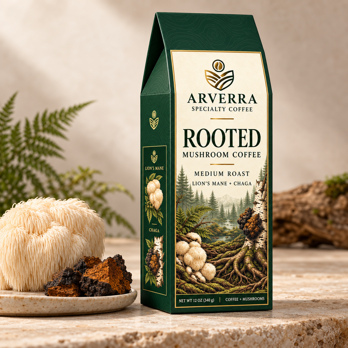 ARVERRA ROOTED mushroom coffee box beside lion's mane and chaga mushrooms