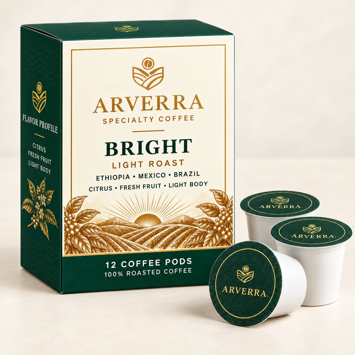 ARVERRA BRIGHT light roast coffee pods 12-count box with individual coffee pods
