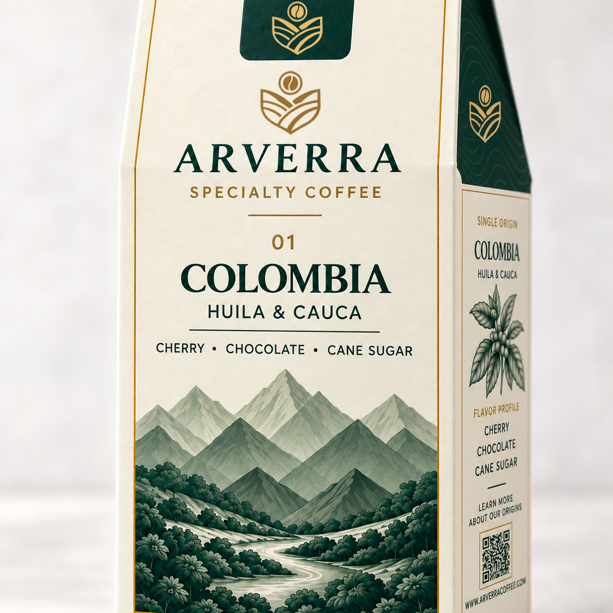 ARVERRA Origin 01 Colombia coffee front packaging with Colombia mountain artwork