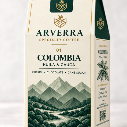 ARVERRA Origin 01 Colombia coffee front packaging with Colombia mountain artwork